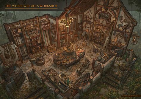 ArtStation - The Wheelwright's Workshop Steampunk Workshop, Interior Concept Art, Fantasy Town, Fantasy Wizard, Fantasy Rooms, Castle Tower, Isometric Art, Workshop Design, Medieval World