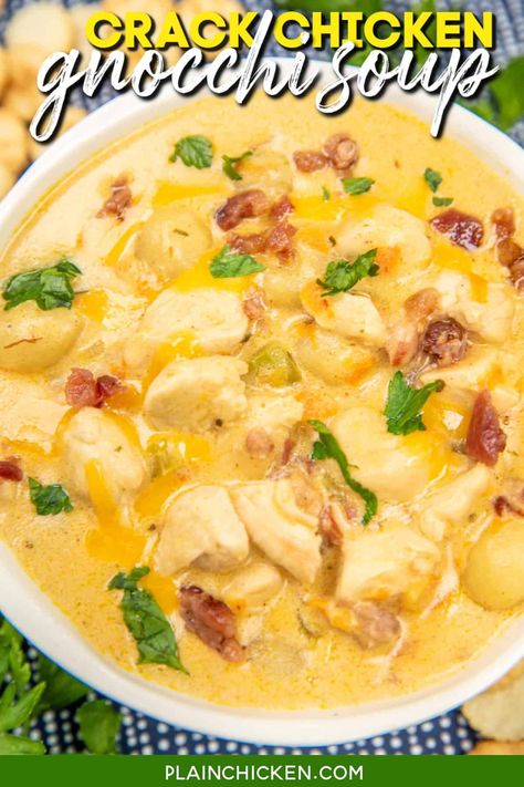 Crack Chicken Gnocchi Soup Recipe - This creamy, cheesy, and totally comforting soup is loaded with tender chicken, smoky bacon, and fluffy gnocchi, all brought together with a zesty ranch flavor. Perfect for cozy nights and easy weeknight dinners, this soup is sure to become a family favorite. Chicken Gnocchi Soup Crockpot, Cheddar Cheese Chicken, Chicken Gnocchi Soup Recipe, Gnocchi Recipes Soup, Zesty Ranch, Slow Cooker Casserole, Recipes From Scratch, Chicken Gnocchi, Comforting Soup