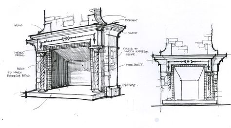 fireplace design sketch by DM Fireplace Illustration, Fireplace Paint, Fireplace Vintage, Fireplace Design Ideas, Fireplace Drawing, Tv Over Fireplace, Cottage Fireplace, Tall Fireplace, Fireplace Update