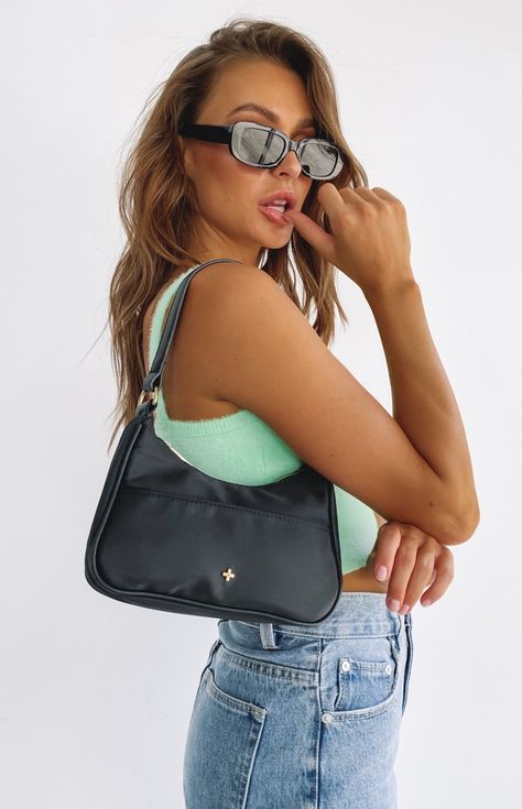 Black Shoulder Bag Outfit, Mini Purse Outfit, Mini Shoulder Bag Outfit, Mini Bag Outfit, Portrait Edit, Baguette Bags, Purse Outfit, Dream Bags, Nylon Shoulder Bag