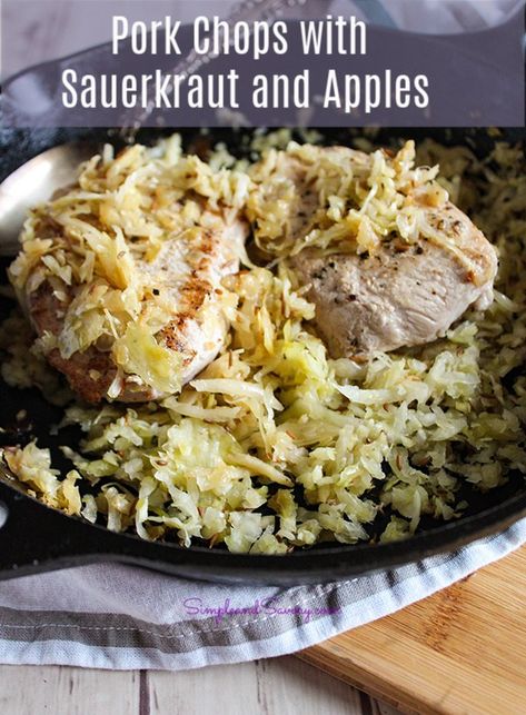 #simpleandsavory Pork Chops with sauerkraut and apples Pork Chops Sauerkraut, Pork Chops With Sauerkraut, Sauerkraut And Apples, Pork Chops And Sauerkraut, Homemade Sauerkraut, Easy Family Dinner, Sweet Pork, Sauerkraut Recipes, Boneless Pork Chops