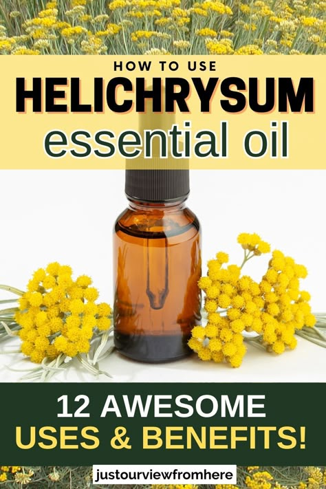 field of helichrysum flowers in background, a small amber glass bottle of essential oil and helichrysum flowers, text overlay how to use helichrysum essential oil, 12 awesome uses and benefits Diy Skin Serum, Helichrysum Essential Oil Uses, Helichrysum Essential Oil, Essential Oils For Face, Diy Essential Oil Recipes, Essential Oils For Pain, Doterra Essential Oils Recipes, Essential Oil Remedy, Essential Oils Herbs