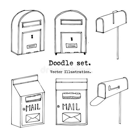 Hand drawn mailbox Set. Vector illustration. Doodle post, mail decorative elements. Mail icon in sketch style. Vintage mailbox. vector illustration Mailbox Sketch, Mailbox Doodle, Mail Box Drawing, Letter Box Drawing, Mail Box Illustration, Mailbox Tattoo, Post Box Drawing, Mailbox Drawing, Mail Tattoo