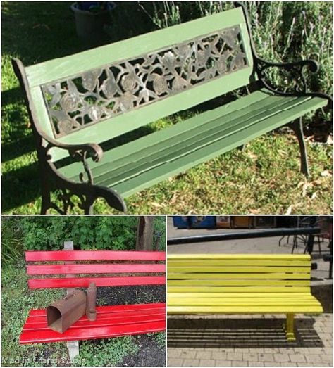 What Color Does This Bench Want to Be? Yard Bench Ideas, Painted Garden Bench Ideas, Bench Color Ideas, Bench Colors Outdoor, Outside Bench Ideas Front Yards, Outdoor Bench Color Ideas, Garden Bench Paint Ideas, Painted Metal Benches Outdoor, Bench Painting Ideas