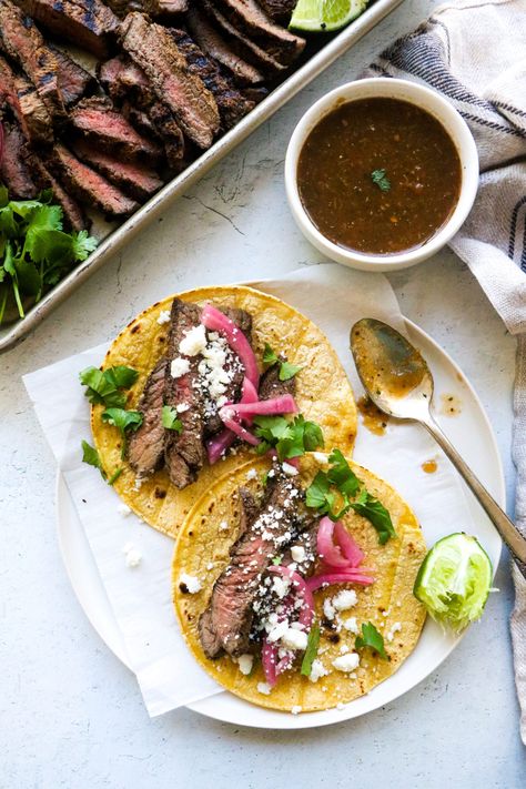 Sirloin Tip Steak Tacos, Sirloin Steak Tacos, Steak Taco Marinade, Grilled Steak Tacos, Spicy Pickled Onions, Steak Taco Recipe, Steak Taco, Sirloin Steak Recipes, Beef Loin