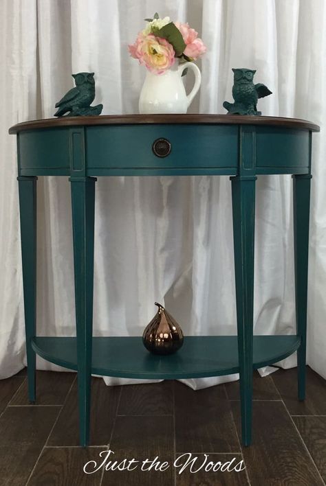 hand painted deep teal console table with stain top #jusstthewoods Painted Console Table Ideas, Teal Painted Furniture, Revamped Furniture, Refurbished Table, Staging Furniture, Furniture Wood, Elegant Furniture, Household Furniture, Painted Table