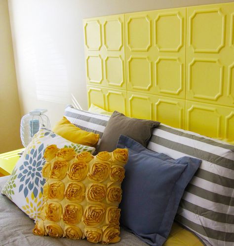 DIY a sunny yellow headboard using styrofoam ceiling tiles. Tiles Headboard, Ceiling Tile Headboard, Tile Headboard, Headboard Tiles, Cheap Headboard, Styrofoam Ceiling, Girls Bedroom Paint, Faux Headboard, Styrofoam Ceiling Tiles