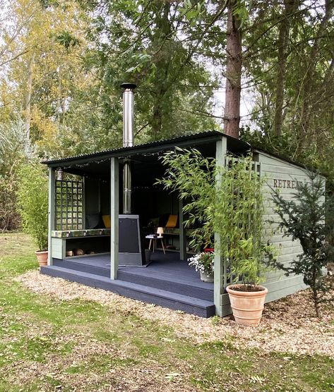 Retreat space outdoors seating log burner cosy garden meadow Cosy Garden Seating Area, Outdoor Covered Seating Area, Woodburner Ideas, Outdoor Wood Burner, Retreat Space, Cosy Garden, Garden Log Cabins, Garden Meadow, Tattoo Garden