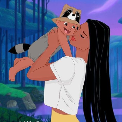 Pocahontas as a Mom Meeko Pocahontas, Fan Art Disney, Adult Disney Costumes, Pocahontas Disney, Disney Princess Babies, Disney Princess Quotes, Disney Princess Modern, Disney Pocahontas, Disney Mom