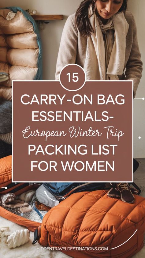 Simplify your packing with this travel bag checklist, perfect for any winter getaway. These 15 carry-on bag essentials include winter travel tips and a travel essentials checklist, so you can pack light and stay chic, all while ticking off your places to travel checklist for a perfect European winter trip Cold Weather Packing List, Europe Winter Packing, Winter Vacation Packing, Winter Trip Packing List, Packing List For Women, Cold Weather Packing, Winter Travel Packing, How To Stay Warm, European Winter