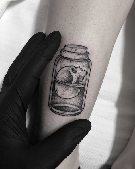 Skull in a jar tattoo - Tattoogrid.net Potion Bottle Tattoo Small, Pill Bottle Tattoo, Skull In A Jar, Potion Tattoo, Jar Tattoo, Tattoo Fillers, Tattoos Leg, Random Tattoos, 12 Tattoos