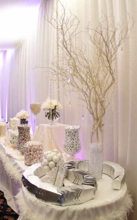 white elegant candy station | Platinum Wedding Ideas Branch Arrangements, Treats Table, Manzanita Branches, Ribbon Wall, Candy Buffet Wedding, Candy Bar Wedding, Candy Station, All White Party, Wedding Dessert Table