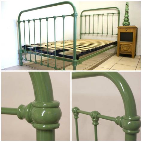 Bed Iron Frame, Green Iron Bed, Green Bed Frame, Vintage Metal Bed Frame, Rod Iron Bed, Painted Iron Beds, Antique Bed Frame, French Beds, Antique French Bed