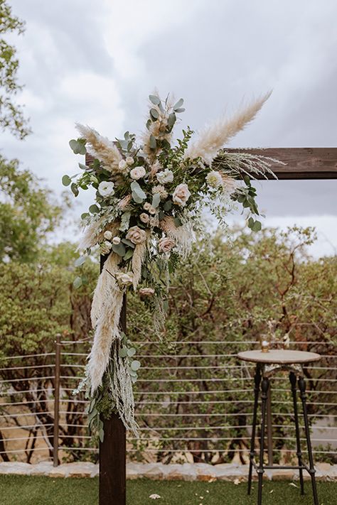 Pampas Grass Ceremony Arch, Wedding Arch Flowers Pampas, Pampas Grass Wedding Gazebo, Pompous Grass Wedding Decorations, Pampas Grass Arch Decor, How To Make A Pampas Grass Arch, Pampas Grass Wedding Arbor, Pampas And Greenery Wedding Arch, Eucalyptus And Pampas Grass Wedding Decor