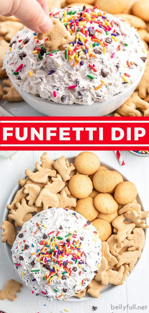 Made with whipped topping, cream cheese, animal crackers, and sprinkles, this Funfetti Dip is sweet, creamy, and delish! A quick and easy no bake dessert dip, perfect for sharing with friends and family for pretty much any occasion. Animal Crackers And Dip, No Cream Cheese Dip, Dip For Animal Crackers Cool Whip, Confetti Dip With Cream Cheese, Cold Sweet Dips, Animal Cracker Dip Cream Cheese, Graham Cracker Dip Recipes, Sweet Dips For Parties Cream Cheeses, Cream Cheese Dips Sweet