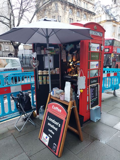 Filipino's London telephone booth coffee shop is super small and cute - Life Filipino Coffee Shop, London Coffee Shop, London Telephone Booth, Red Telephone Box, Small Coffee Shop, Sweet Dough, Telephone Booth, A Cup Of Coffee, Design Competitions