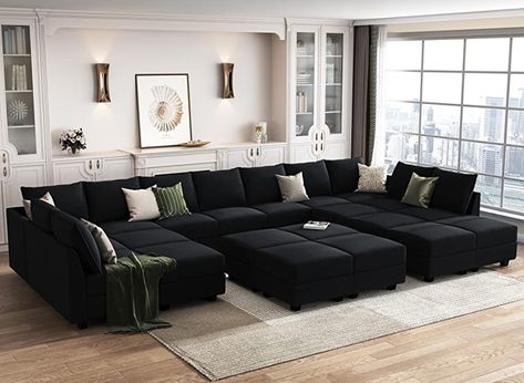 Black Couch Living Room, Modular Sofa Bed, Black Sectional, Black Couches, U Shaped Couch, Large Sectional Sofa, Affordable Sofa, U Shaped Sectional Sofa, Couch With Chaise