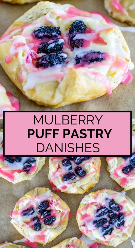 The easiest dessert recipe ever! These easy danishes are made from puff pastry and fresh mulberries (or use blueberries or blackberries instead). Super easy to prep, and they bake quickly. The all natural pink glaze is made with a few drops of squeezed mulberry juice. If you're looking for easy dessert ideas, mulberry recipes, or easy baking recipes, give this mulberry dessert a try! Easy Cream Cheese Filling, Pastry Danish, Easy Puff Pastry Desserts, Mulberry Jam, Mulberry Recipes, Easy Puff Pastry, Easy Cream, Sugar Glaze, Summer Cooking