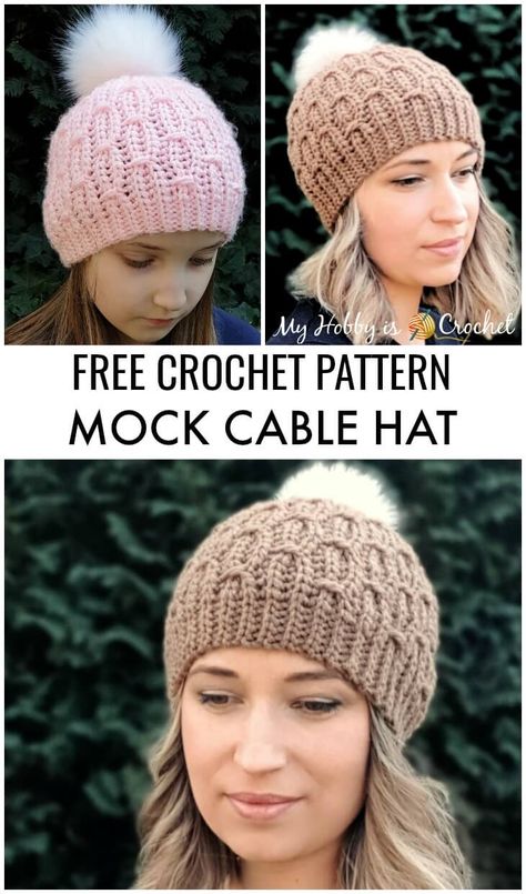 Mock Cable Hat - Free Crochet Pattern Crochet Hat Patterns For Women Free, Fold Over Beanie Crochet Pattern, Adult Hats To Knit, Beanie Tutorial, Crochet Caps, Crochet Beanie Pattern Free, Crochet Adult Hat, Easy Crochet Hat, Hat Patterns Free