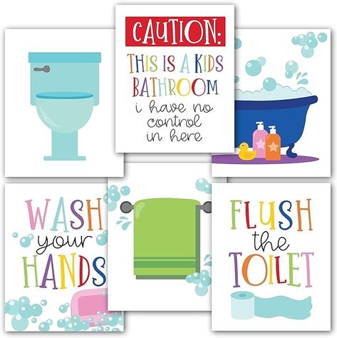 Amazon.com: Hadley Designs 6 Reversible Kids Colorful Bathroom Decor Wall Art 8x10, Funny Bathroom Wall Decor, Kids Bathroom Decor For Bathroom Pictures, Bathroom Rules Wall Decor, Funny Bathroom Signs Decor: Posters & Prints Unisex Kids Bathroom Ideas, Boy And Girl Bathroom, Colorful Bathroom Decor, Kids Bathroom Colors, Boys Bathroom Decor, Bathroom Decor Wall Art, Kids Bathroom Decor, Bathroom Decor Wall, Colorful Bathroom