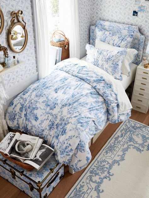 Shop all the new arrivals from our exclusive LoveShackFancy x Pottery Barn Dorm collection. Blue Floral Dorm Room, Blue Dorm Bedding, Toile Dorm Room, Blue China Bedroom, Purple And Blue Dorm Room Ideas, Loveshackfancy Inspired Bedroom, Blue And Gray Room, Bridgerton Dorm Room, Blue Love Shack Fancy Room