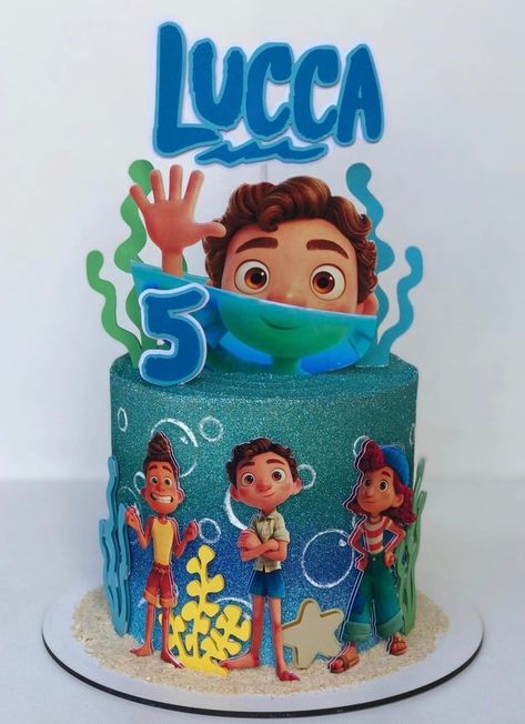 Luca Cake Ideas, Luca Birthday Cake, Luca Birthday, Disney Themed Cakes, Baby Birthday Party Theme, Lucas Movie, Fondant Cake Toppers, Disney Collage, Mermaid Cakes