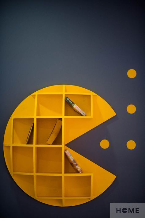 Pop Culture Furniture, Arcade Themed Room, Pacman Wall, Board Game Shelf, Pine Wood Texture, Small Game Rooms, Lego Decorations, Retro Games Room, Arcade Room