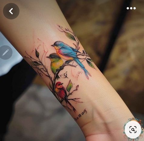 Unique Bird Tattoos For Women, Bird Tattoos For Women Wrist, Tattoo Classic Art, Beautiful Wrist Tattoos For Women, Bird Tatoos Woman, Bird Sleeve Tattoo Women, Watercolor Tattoo For Women Unique, Flower Tattoos Wrist, Birds On A Branch Tattoo