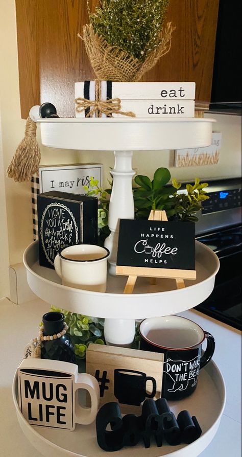 Coffee Tiered Tray Decor, Coffee Tiered Tray, Tiered Tray Decor Coffee, Diy Coffee Bar Tiered Tray, Coffee Bar Tiered Tray, Cofee Bar, Farmhouse Tray, Coffee Table Centerpieces, Coffee Bar Design