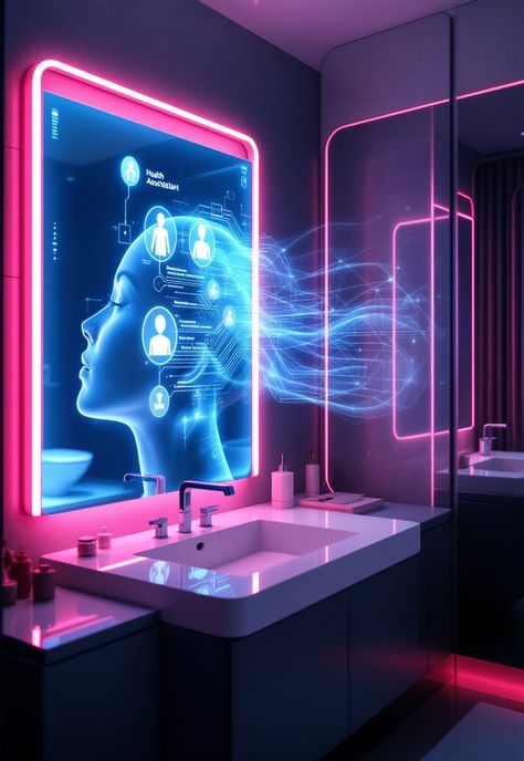 futuristic bathroom ideas Futuristic Products, Futuristic Technology Design, Futuristic Tech, Futuristic Elegance, Retro Futuristic Bathroom, Futuristic Mirror, Futuristic Room Sci Fi Interior Design, Futuristic Bathroom Aesthetic, Futuristic Hotel Room