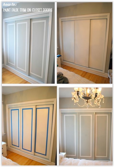 How To Paint Faux Trim On Your Sliding Closet Doors ... using painters tape & paint, she created a beautiful two tone look to her closet doors ............. #DIY #door #closet #trim #painterstape #paint #chalkpaint #decor #crafts Closet Doors Diy, Closet Trim, How To Update Sliding Closet Doors, Closet Doors Painted, Painted Closet, Bedroom Closet Doors, Doors Diy, Closet Door Makeover, Bedroom Upgrade