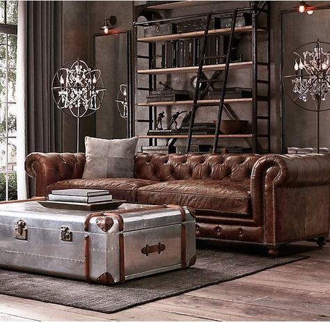 Steampunk leather sofa living room restoration hardware Rustic Industrial Living Room, Sofa Kulit, Industrial Living Room Design, Masculine Living Rooms, Furnitur Ruang Keluarga, Leather Sofa Living Room, Vintage Industrial Decor, Industrial Livingroom, Industrial Living