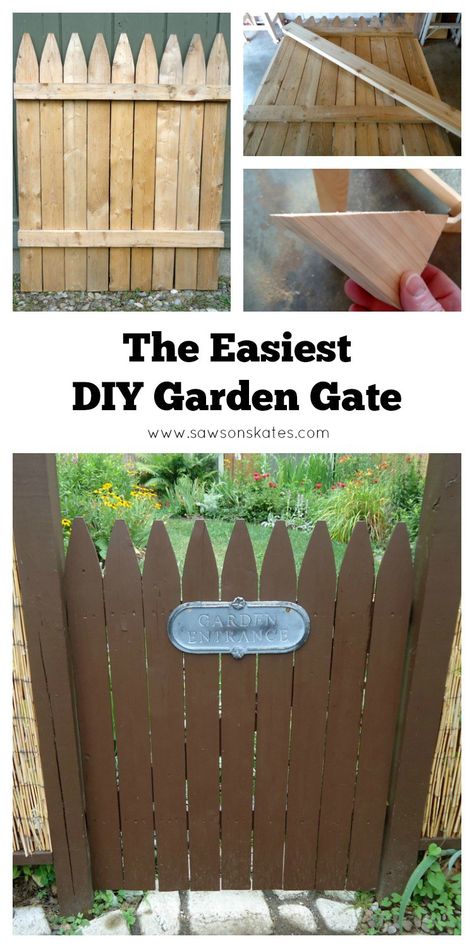 WOW! This DIY garden gate is sooo easy to make! With just a couple of tweaks you can turn a fence section into rustic garden gate! Diy Garden Door Entrance, Wooden Fence Gate Ideas Entrance, Diy Garden Gate, Garden Pallet Decorations, Backyard Gate, Simple Garden Furniture Ideas, Garden Gate Ideas, Rustic Garden Furniture, Garden Objects