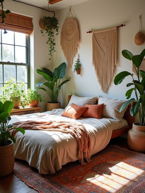 A full bohemian bedroom with layered textiles, potted plants, macrame wall hangings, and a low bed. Layered Textiles, West Indies Decor, Vintage Bedroom Styles, Low Bed, Macrame Wall Hangings, Vintage Bedroom, Bohemian Bedroom, West Indies, Bedroom Styles