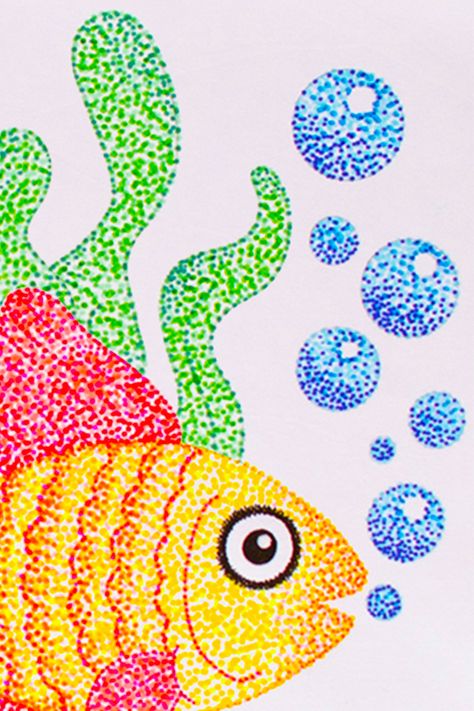 Happy Birthday to Georges Seurat! If you're 'fishing around' for a fun way to celebrate, check out our Seurat inspired craft — it's any day art with everyday materials. Consider it your creative catch of the day! #fineartfunart #artsandcrafts #markerart Marker Dot Art, Pointalism Art For Kids, Pointillism Art Easy, Pointillism Art For Kids, Pointillism Worksheet, Pointalism Art Ideas, Pointalism Art Easy, Fish Dot Art, Pointillism Easy