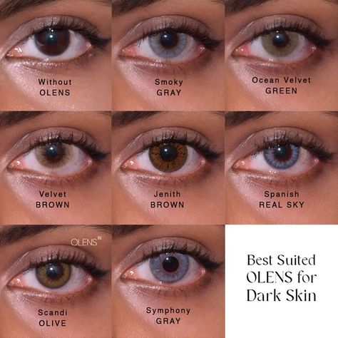 Color Eye Contacts For Dark Skin, Eye Lens Colour For Brown Skin, Lens For Indian Skin Tone, Dusky Skin Eye Makeup, Brown Lenses Eye, Eyeshadow For Tan Skin, Contact Lenses Colored For Brown Skin, Indian Skin Tone Makeup, Lens For Brown Skin