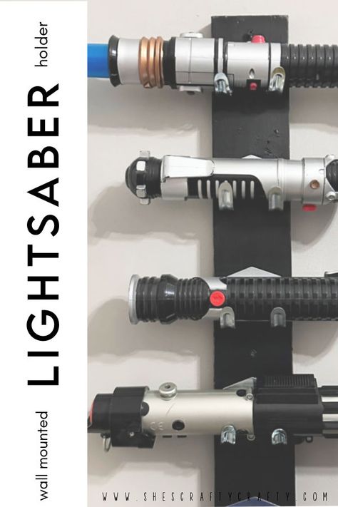 Wall Mounted Light Saber Holder Lightsaber Display Diy, Lightsaber Storage, Lightsaber Display Wall, Lightsaber Holder Wall, Lightsaber Display, Diy Lightsaber, Happy Star Wars Day, Build A Wall, Black Chalk Paint