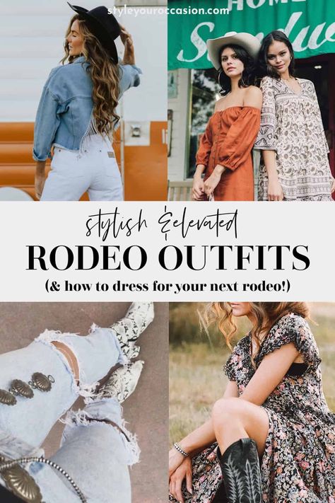 Wondering what to wear to a rodeo? Learn all about rodeo attire and get chic and stylish rodeo outfit ideas for women! You’ll love these casual and dressed-up western looks with jeans, shorts, dresses, and skirts. Whether you are looking for NFR outfits for Vegas cowgirl fashion, or if you just want a cute rodeo look for summer or fall, you’ll love this list of rodeo outfits! Cowgirl Outfits For Women Western Wear, Rodeo Outfits Skirt, Summer Rodeo Outfits, Chic Western Outfits, Nfr Outfits For Vegas, Rodeo Outfit Ideas, Cute Rodeo Outfits, Rodeo Attire, Nfr Outfits