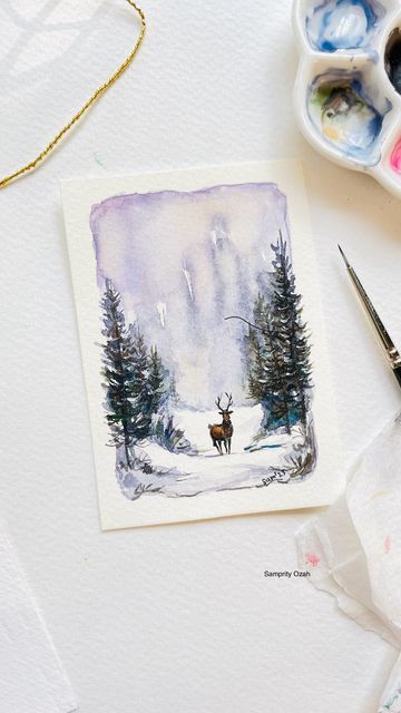 Winter Sunset Watercolor, Winter Painting Watercolor, Winter Watercolor Simple, Watercolor Winter Scenes, Snowy Watercolor, Winter Landscape Watercolor, Unique Watercolor Paintings, Watercolor Winter Landscape, Watercolor Card Ideas