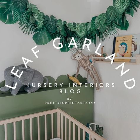 This cheap DIY faux leaf garland is incredibly easy to make - and cheap! It's a great way to fill blank wall space, especially if you're on a budget. See how I styled it in a gender neutral nursery, with an animal safari theme... it's super cute! It's not just for kids room decor, use it to decorate a jungle party too! Jungle Leaf Garland, Faux Leaf Wall Decor, Jungle Diy Decor, Diy Jungle Nursery Decor, Rainforest Nursery Theme, Green Jungle Bedroom, Fill Blank Wall, Kids Safari Bedroom, Safari Bedroom Kids