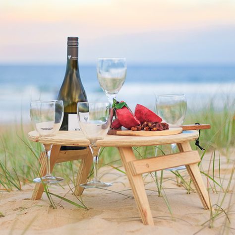 Folding Picnic Table, that will hold 4 wine glasses, a bottle and will keep your food off the ground. Perfect for the beach, camping or a romantic picnic. Only $89. Ship Australia-wide $15. Wine Picnic Table, Outdoor Wine Table, Wine Picnic, Folding Picnic Table, Wine And Cheese, Wine Table, Romantic Picnics, Wine Glass Holder, Wine Tote