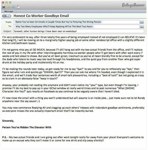 Honest coworker's goodbye email Goodbye Email To Colleagues, Farewell Email To Colleagues, Farewell Email To Coworkers, Farewell Letter To Colleagues, Goodbye Email To Coworkers, Goodbye Email, Goodbye Coworker, Email Quotes, Farewell Message