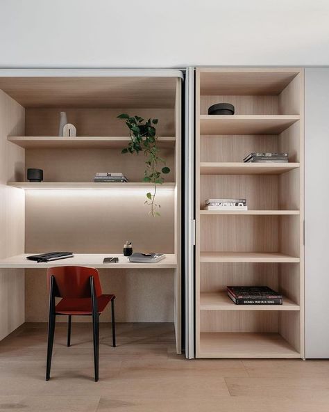 Hidden Study, Tom Eckersley, Hidden Office, Gray Shower Tile, Hidden Desk, Minimalist Cabinet, Light Gray Cabinets, Office Nook, Study Nook