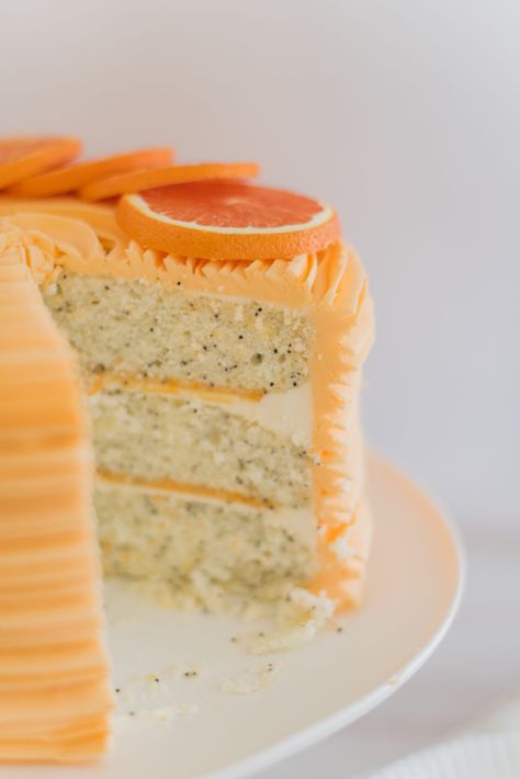 Orange Almond Poppy Seed Cake - light and fluffy poppy seed cake layers, infused with orange and almond flavoring, topped with almond buttercream and orange curd. #cakebycourtney #almondcake #almondpoppyseedcake #orangealmondpoppyseedcake #orangecurd #almondbuttercream #summercake #summerdessertrecipe #summerdessert #poppyseedcake #lightandfluffycake #cakedesign #cakerecipes #cakesforgirlsbirthday #cakeaesthetic #cakeideas #cakedecorating Almond Poppy Seed Cake, Orange Poppy Seed Cake, Seed Cake Recipe, Summer Party Desserts, Summer Baking Recipes, Poppy Seed Cake Recipe, Cake By Courtney, Almond Buttercream, Orange Curd