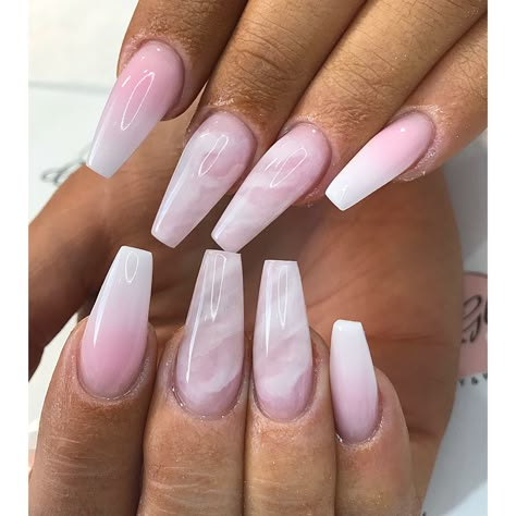 Pink Prom Nails Coffin, Ombre Nails With Marble Design, Nude Pink Acrylic Nails Designs, Milky Ombre Nails With Glitter, Ballerina Ombre Nails, Ombre And Marble Nails, Nail Inspiration Ballerina, Ballerina Nails Inspiration, Nail Art Ballerina