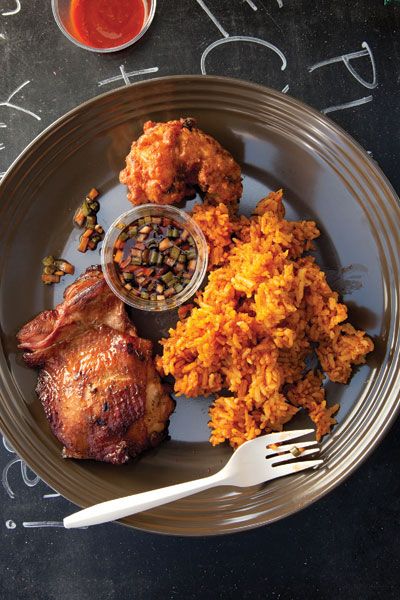 Marinated with the traditional Guam-style sauce finadene, a blend of cane vinegar, soy sauce, and aromatics, this succulent grilled chicken is served with annatto-tinged red rice at the food cart PDX 671 in Portland, Oregon. Portland Food Trucks, Guamanian Recipes, Chamorro Food, Guam Recipes, Chamorro Recipes, Red Rice Recipe, Chicken Food Recipes, Red Rice, Island Food