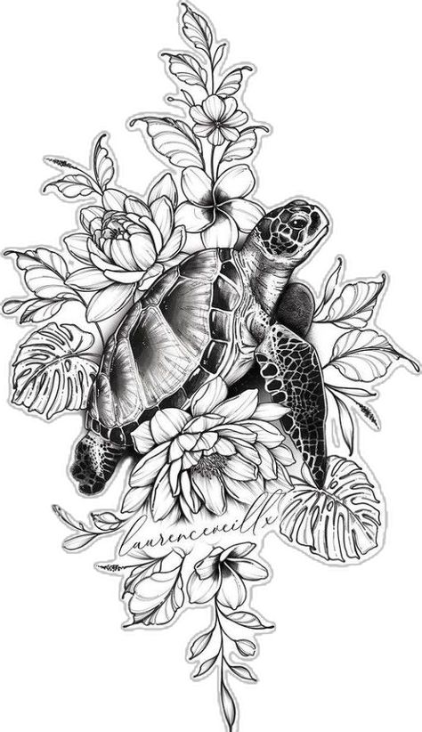 Large Turtle Tattoo, Large Sea Turtle Tattoo, Floral Sea Turtle Tattoo, Ocean Turtle Tattoo, Turtle Sleeve Tattoo, Sea Turtle Tattoo Design, Turtles Tattoo, Tattoo Turtle, Animal Tattoos For Women