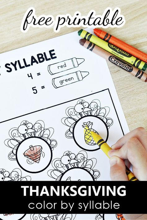 Thanksgiving Color by Syllable - Fantastic Fun & Learning Subject Predicate Activities, First Grade Thanksgiving, Printable Thanksgiving Activities, Thanksgiving Literacy Activities, Thanksgiving Literacy, Preschool Theme Activities, Free Printable Thanksgiving, Thanksgiving Kindergarten, Thanksgiving Color