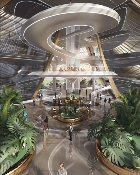 Fluidity 2.0 High-Rise: A Mega Luxury Ho|Skyscrapers Luxurious Lobby Interior, Tower Lobby Design, Future Hotel Design, Futuristic Hotel Lobby, Metaverse Interior Design, Luxury Hotel Design Architecture, Organic Interior Architecture, Atrium Interior Design, Atrium Design Architecture