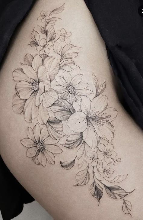 #tattoo, #tattoos, #inked, #tattooart, #tattooedwomen, #tattooedguys, #tattooinspiration, #tattooideas, #tattooworldwide, #tattoosociety, #InkLaughs, and #TattooFails​ Wildflower Hip Tattoos Women, Flower Tattoos On Hip, Fine Line Thigh Tattoos Women, Side Thigh Tattoos Women Simple, Floral Thigh Tattoos Women, Thigh Flower Tattoo, Rose Hip Tattoo, Body Disphorphia, Side Thigh Tattoos Women